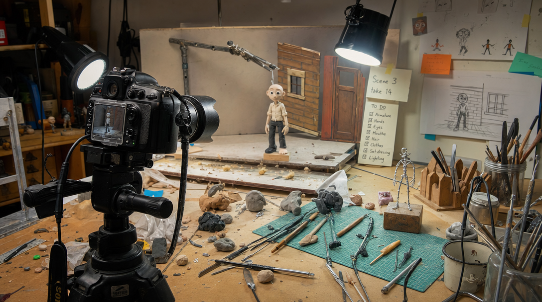 Traditional stop-motion claymation studio workstation - the old way to make claymation videos