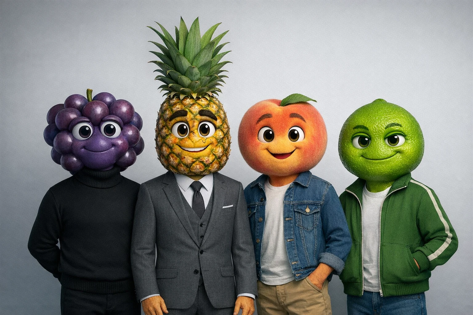 Lineup of 3D fruit characters with human bodies and outfits ready to star in a story video