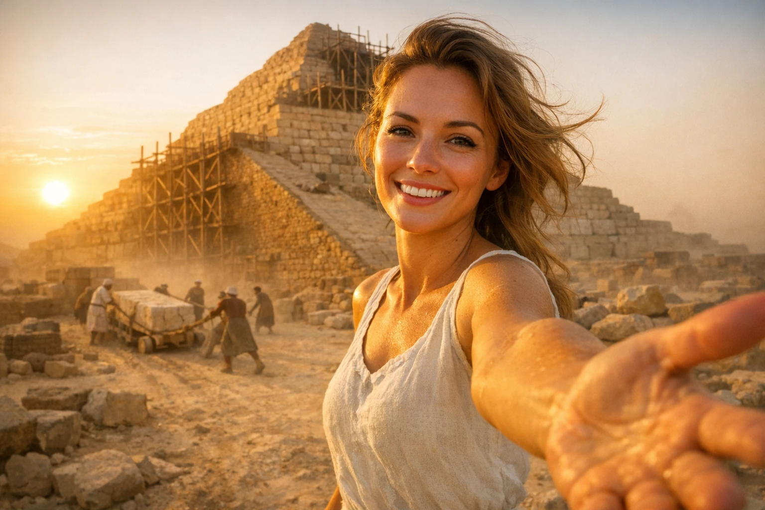 AI time traveler video concept showing a woman in linen dress filming a selfie vlog at an ancient Egyptian pyramid construction site