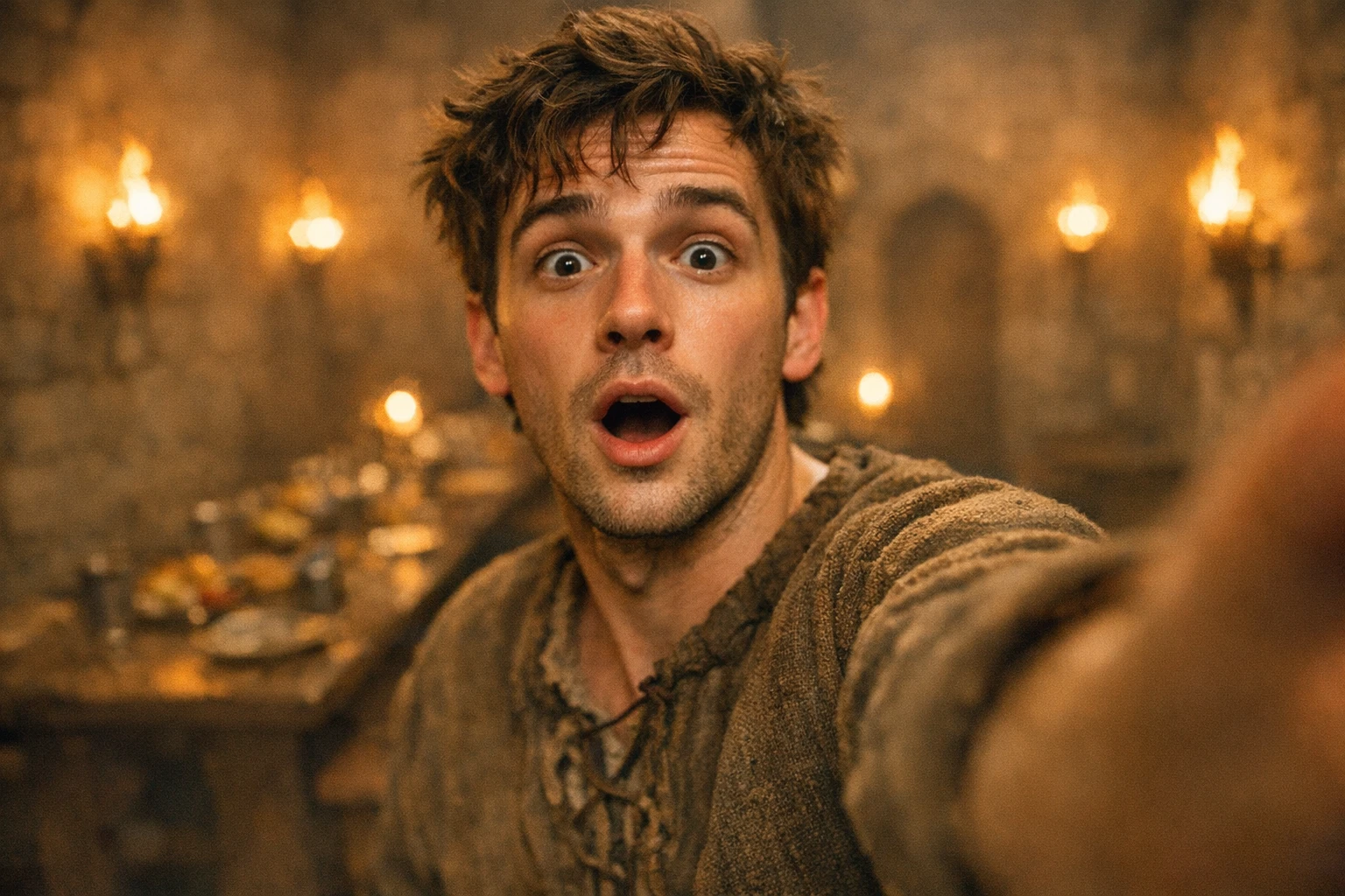 Time travel vlog scene of a creator in medieval clothing filming a selfie video inside a torch-lit castle hall