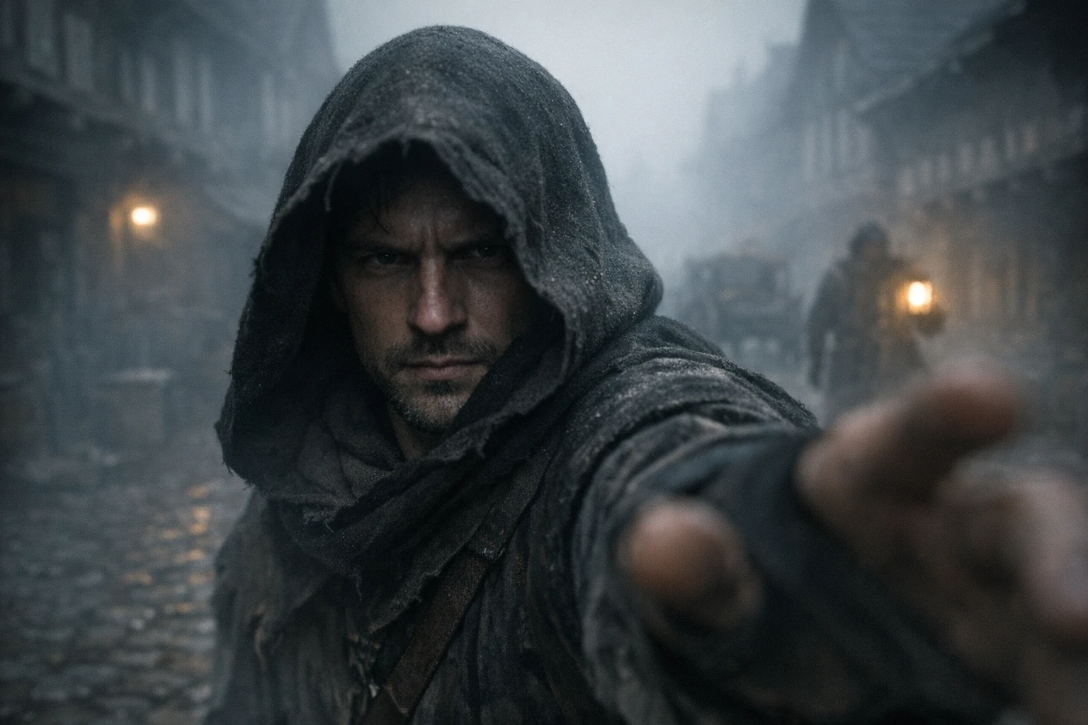 Medieval AI video style selfie of a hooded traveler on a foggy 14th-century street during the Black Plague