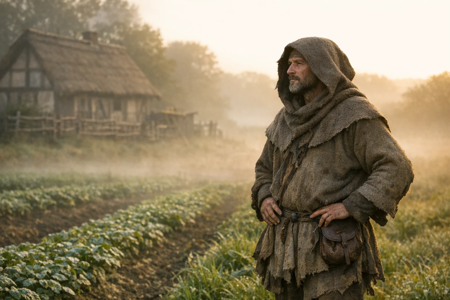 Day in the life of a medieval peasant AI video scene: villager pausing at dawn in a farm field with a timber cottage behind