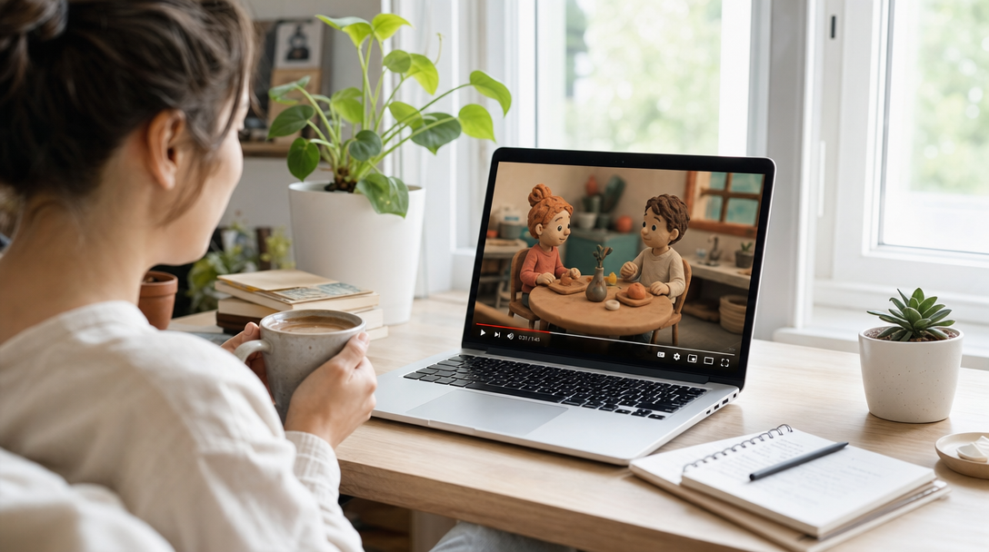 Relaxed creator making an AI stop motion video on a laptop instead of a frame-by-frame animation rig