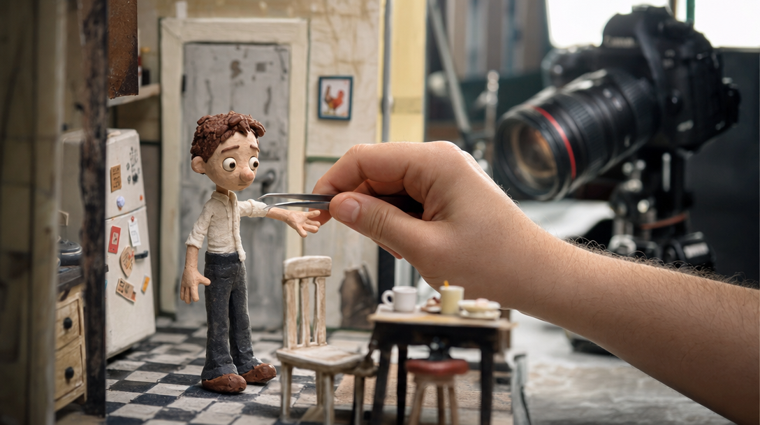 Animator's hand adjusting a clay figure with tweezers on a traditional stop motion set