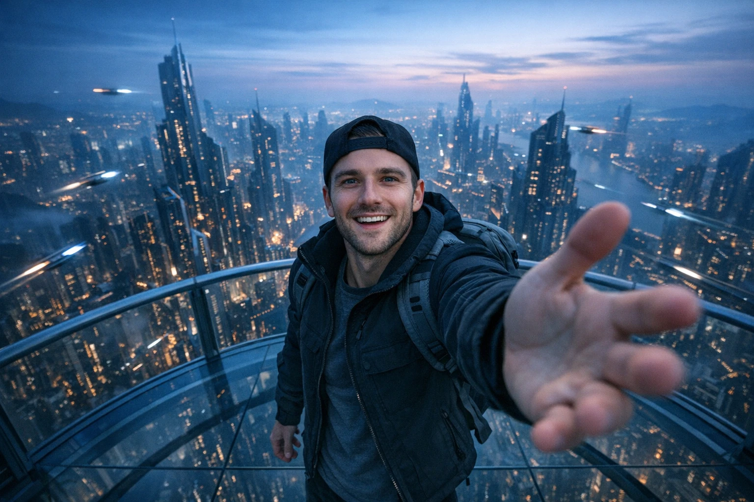 Year 3000 AI video idea: a traveler filming a selfie on a glass skybridge above a futuristic vertical city at dusk