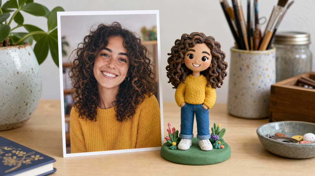 A printed photo next to its matching claymation figure showing photo to claymation transformation