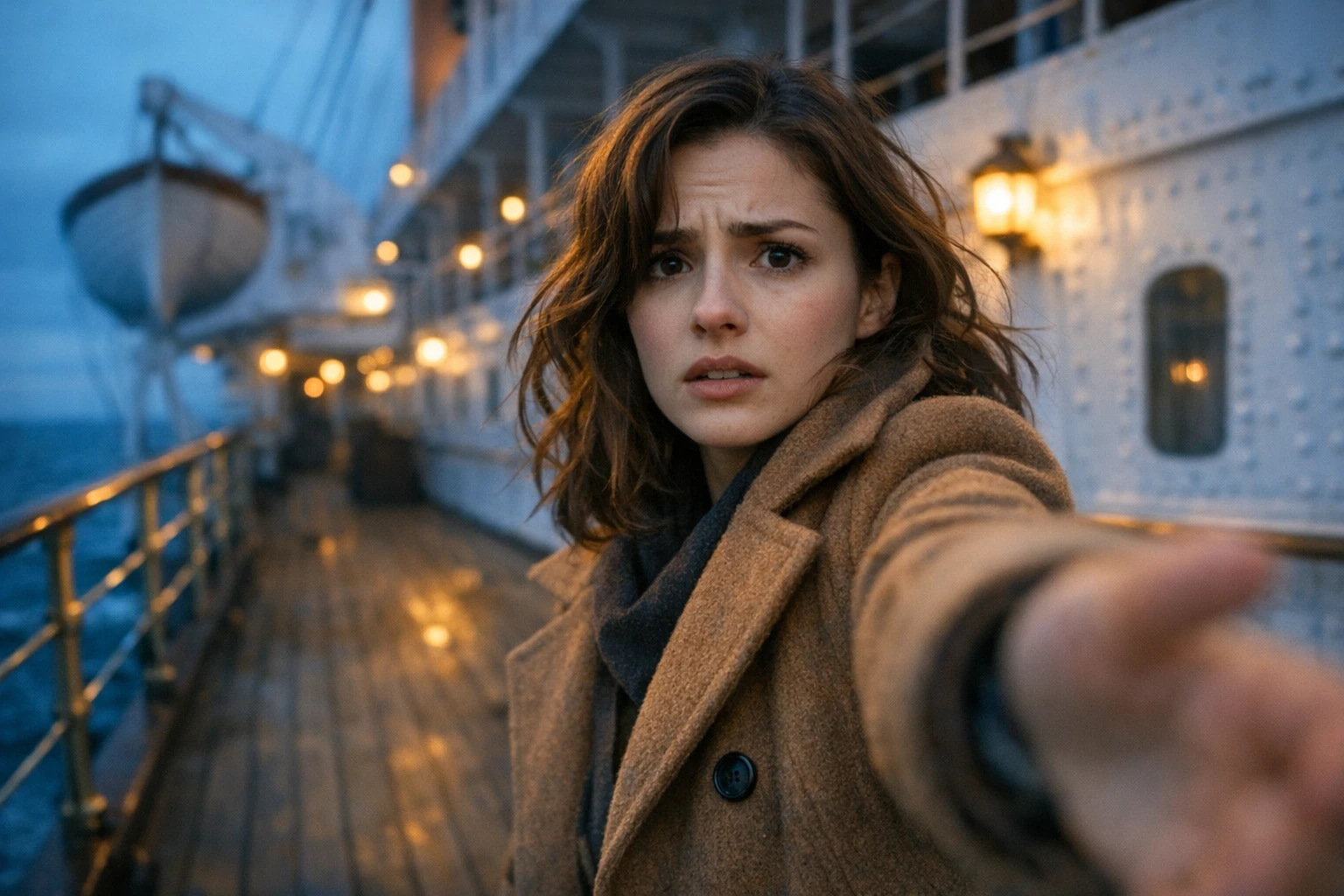 AI time travel influencer style selfie video of a modern woman on the deck of a 1912 ocean liner, like Chloe VS History's Titanic vlog
