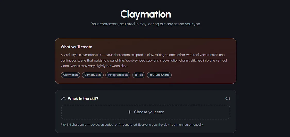 Autoclips claymation character selection showing saved, uploaded, and AI-generated character options