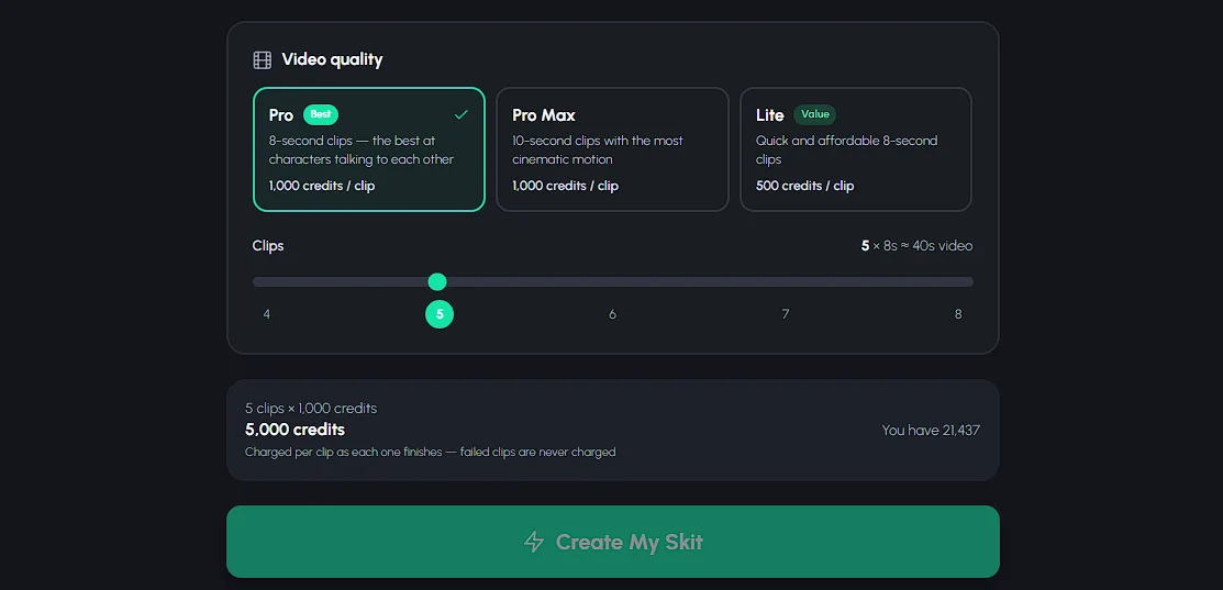 Skit video maker quality tiers and clip quantity selection showing exact credit cost