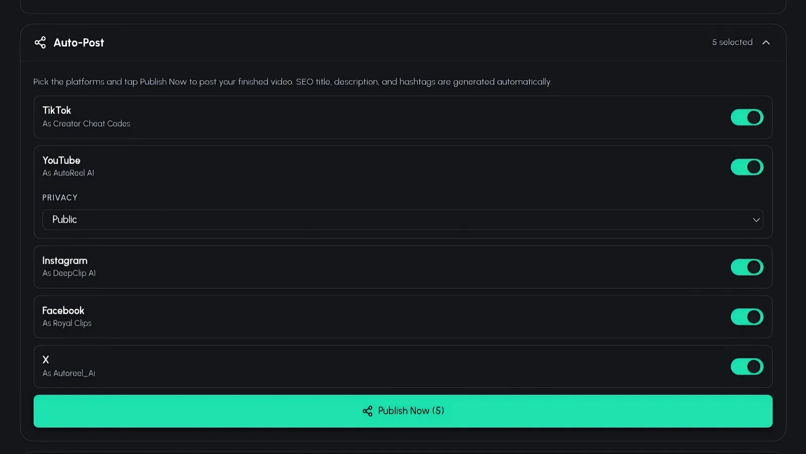 Auto-publish settings for a fruit story channel with connected social accounts