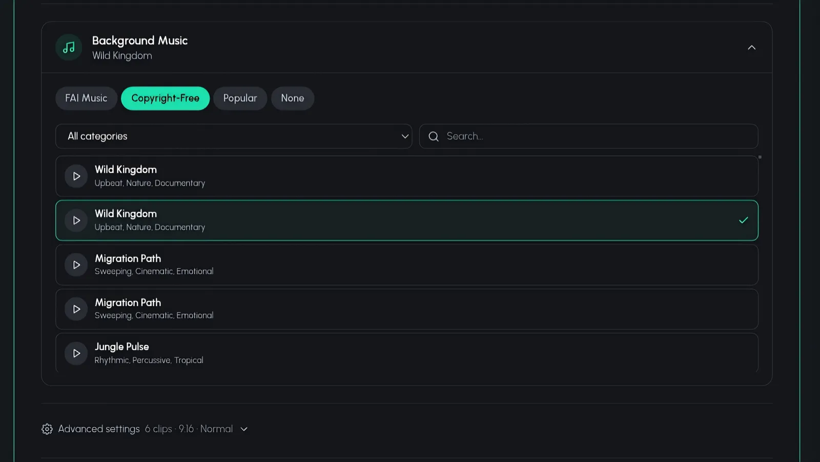 Background music selection screen in Fruit AI Stories
