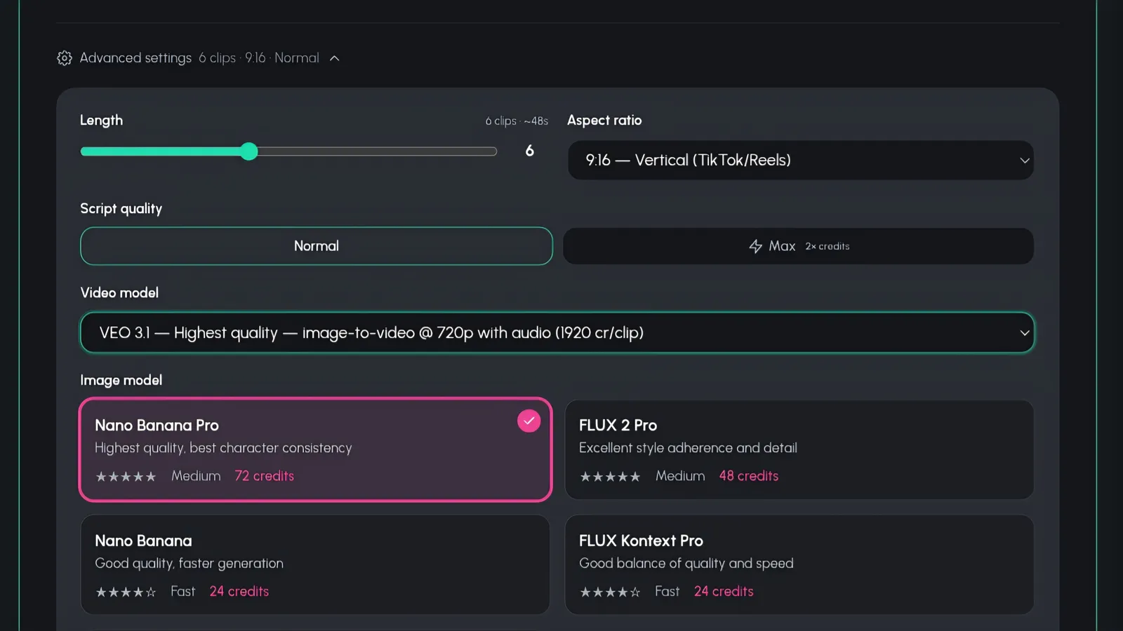 Video settings screen with length, aspect ratio, script quality, and Pro or Lite quality tier options