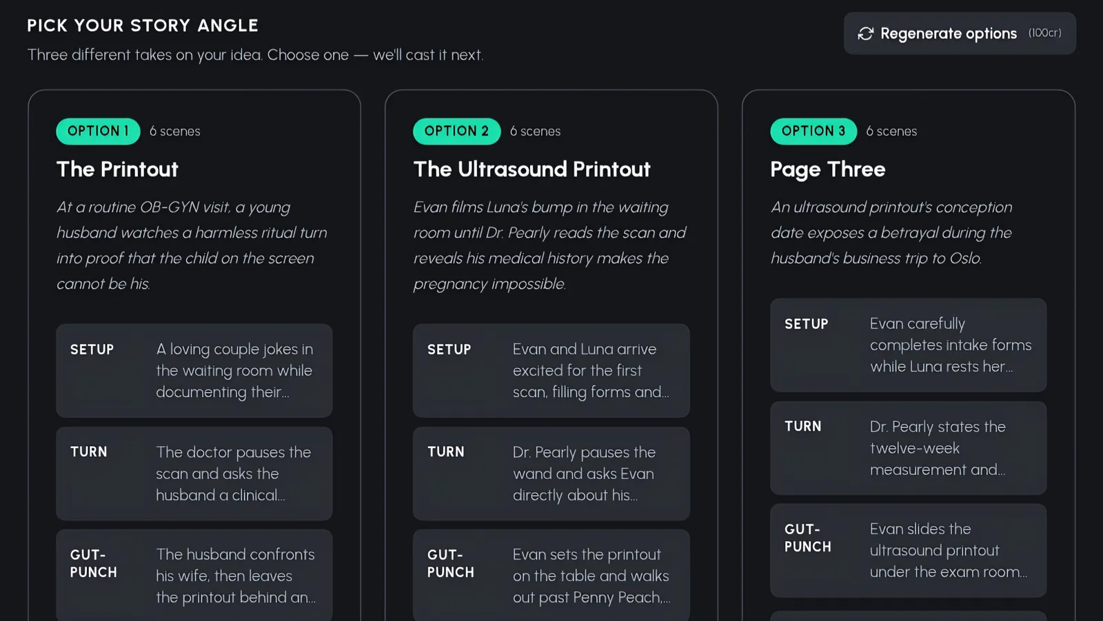 Fruit AI Stories story angle picker showing three 6-scene drama options with setup, turn, and gut-punch beats