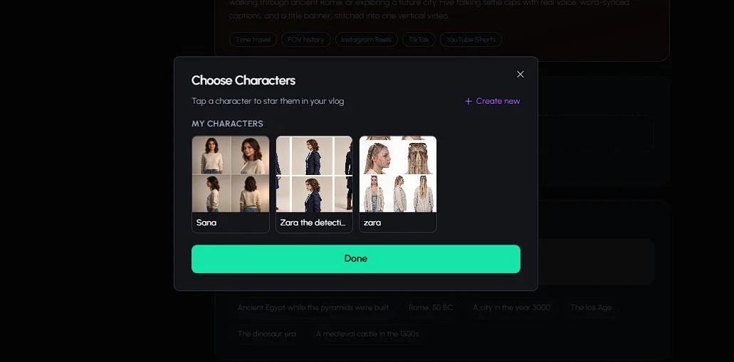 AutoClips My Characters library showing saved time traveler characters you can reuse across every vlog for a consistent, followable series