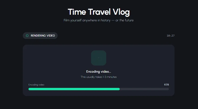 Medieval vlog AI video rendering screen showing encoding usually takes 1 to 3 minutes