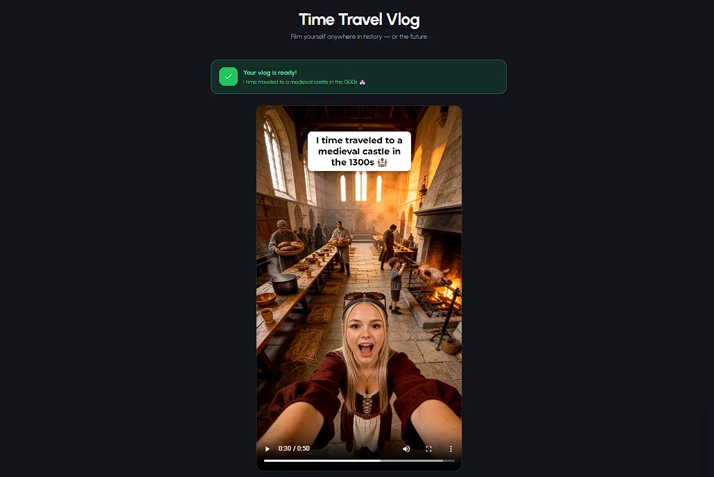 Finished AI history vlog for a faceless channel showing a medieval castle selfie clip with title banner